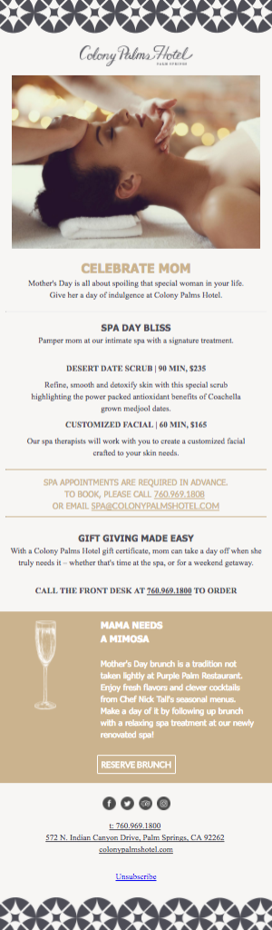 Example of a Mothers Day email campaign by Colony Palms Hotel