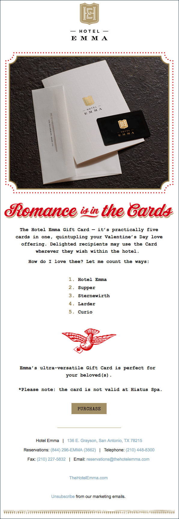 Hotel Emma Romance in the Cards Valentine's Day Hotel Email Campaigns