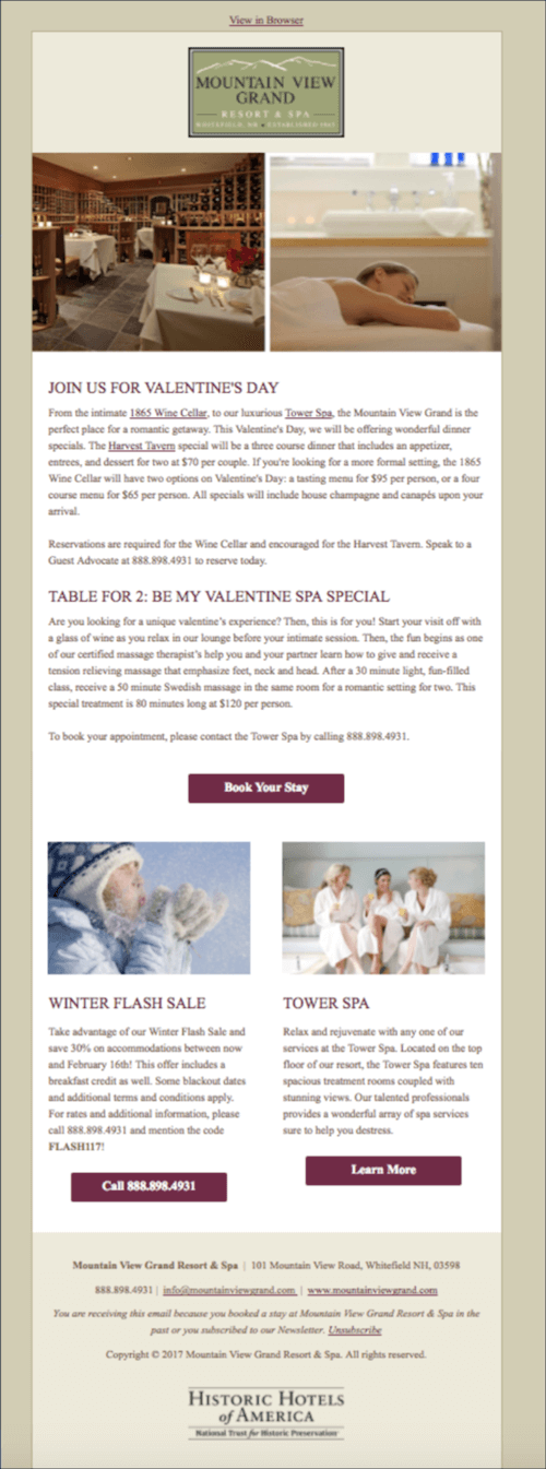 Mountain View Grand Resort & Spa Valentine's Day Hotel Email Marketing Campaigns
