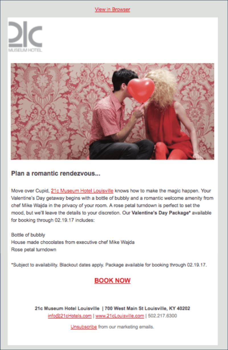 21c Museum Hotel Louisville Valentine's Day Email Marketing Campaign