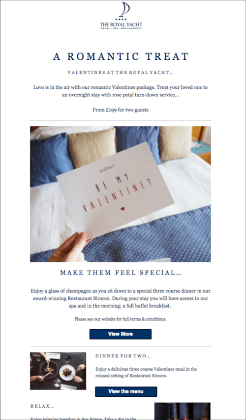The Royal Yacht Valentine's Day Hotel Email Campaigns
